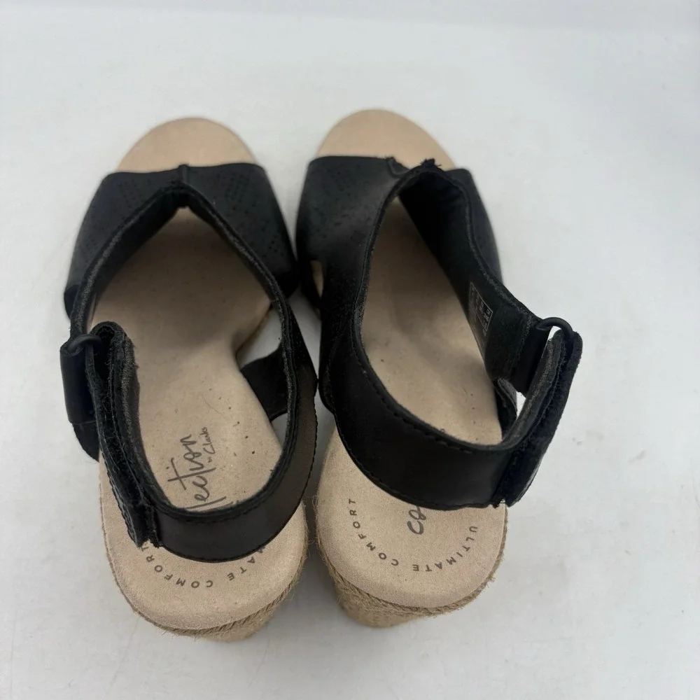 Clarks Sandals Womens Size 8.5 M Lafley Rosen Black Wedge Espadrille